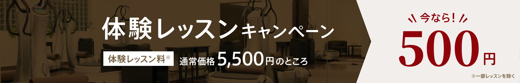 体験レッスンキャンペーン 体験レッスン料が通常5,500円のところ500円に ※一部レッスンを除く